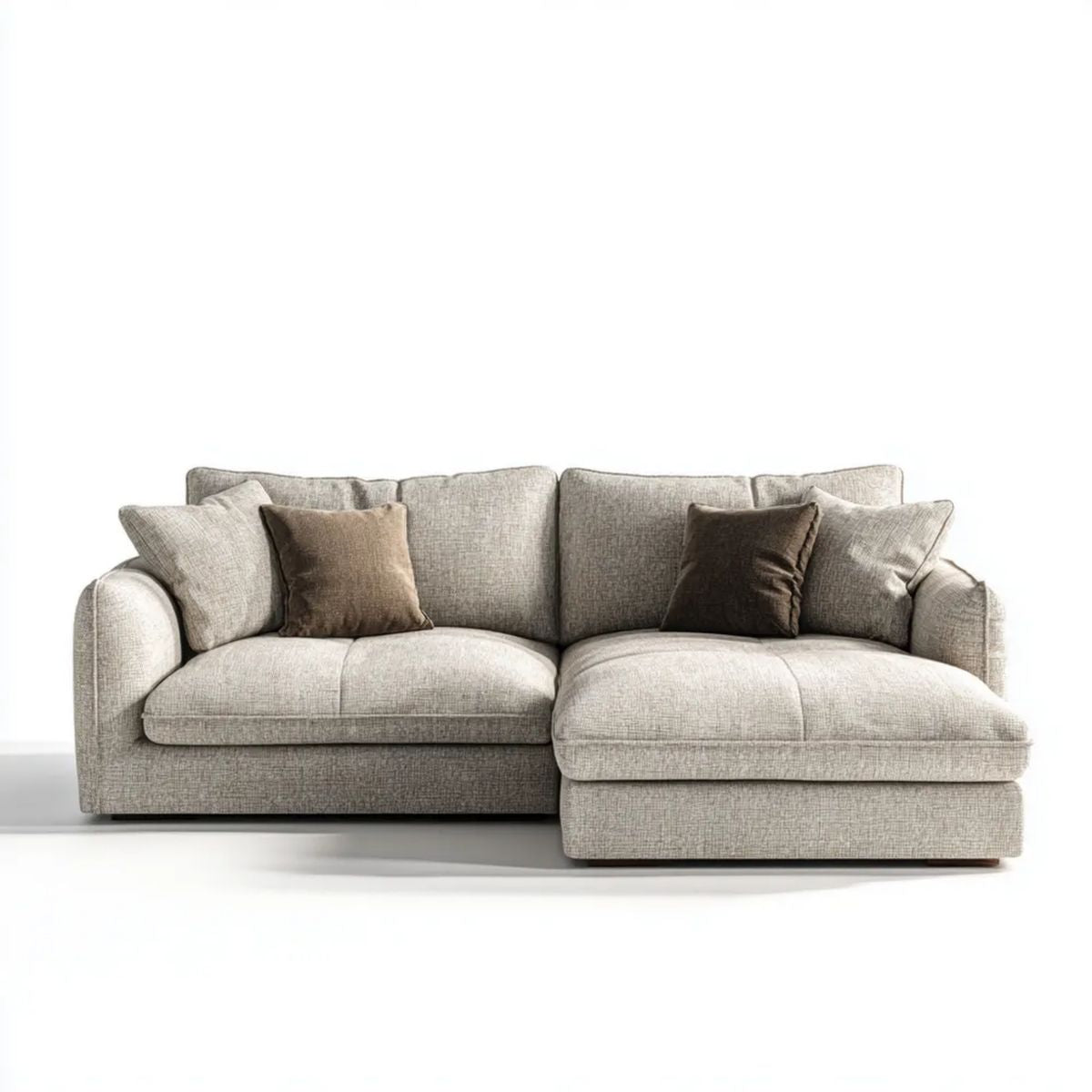 Beżowa sofa narożna w kształcie L z prawostronnym szezlongiem, tapicerka poliestrowa, 280 × 170 × 85 cm