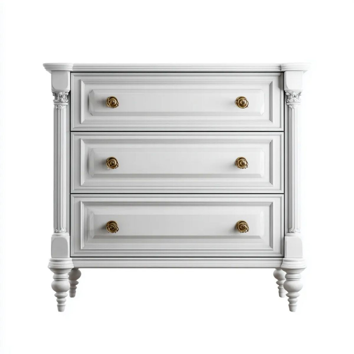 Biała komoda z płyty MDF ze złotymi uchwytami, 3 szuflady, 100 × 50 × 100 cm
