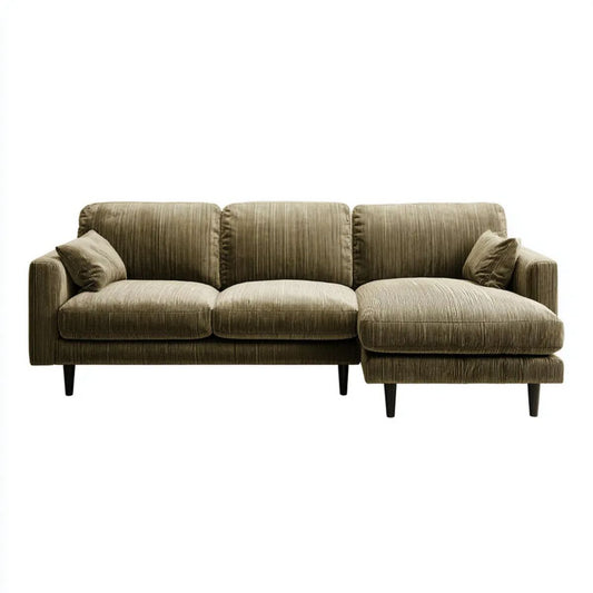 Oliwkowa sofa narożna 3-osobowa z prawostronnym szezlongiem, tapicerka sztruksowa, 250 x 160 x 85 cm