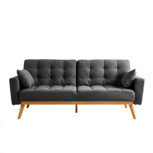 Rozkładana sofa 3-osobowa z tapicerką poliestrową i drewnianymi nogami, ciemnoszara, 180 x 84 x 83 cm
