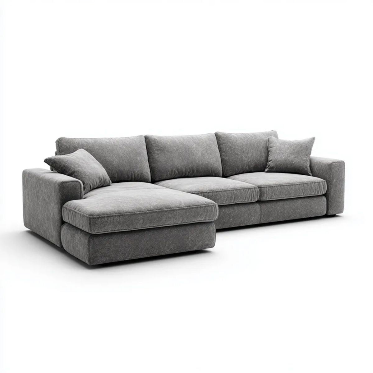 Szara sofa narożna w kształcie L z lewostronnym szezlongiem, tapicerowana, 280 x 170 x 85 cm