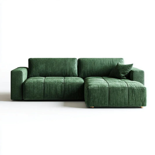 Prawostronna sofa narożna z aksamitu ciemnozielona, 280 x 165 x 85 cm, kształt L