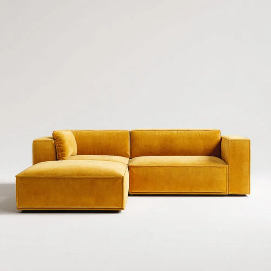 Lewostronna sofa narożna z szezlongiem, aksamitna, musztardowa, 250 × 160 × 85 cm