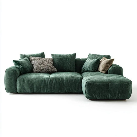 Zielona sofa narożna z prawostronnym szezlongiem, sztruks poliestrowy, 280 × 170 × 85 cm