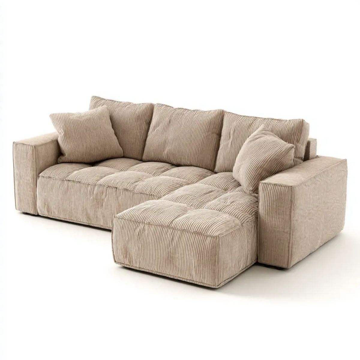 Beżowa sofa narożna z prawostronnym szezlongiem z tkaniny sztruksowej, 230 x 160 x 85 cm