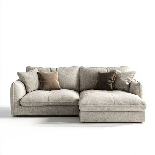 Beżowa sofa narożna w kształcie L z prawostronnym szezlongiem, tapicerka poliestrowa, 280 × 170 × 85 cm