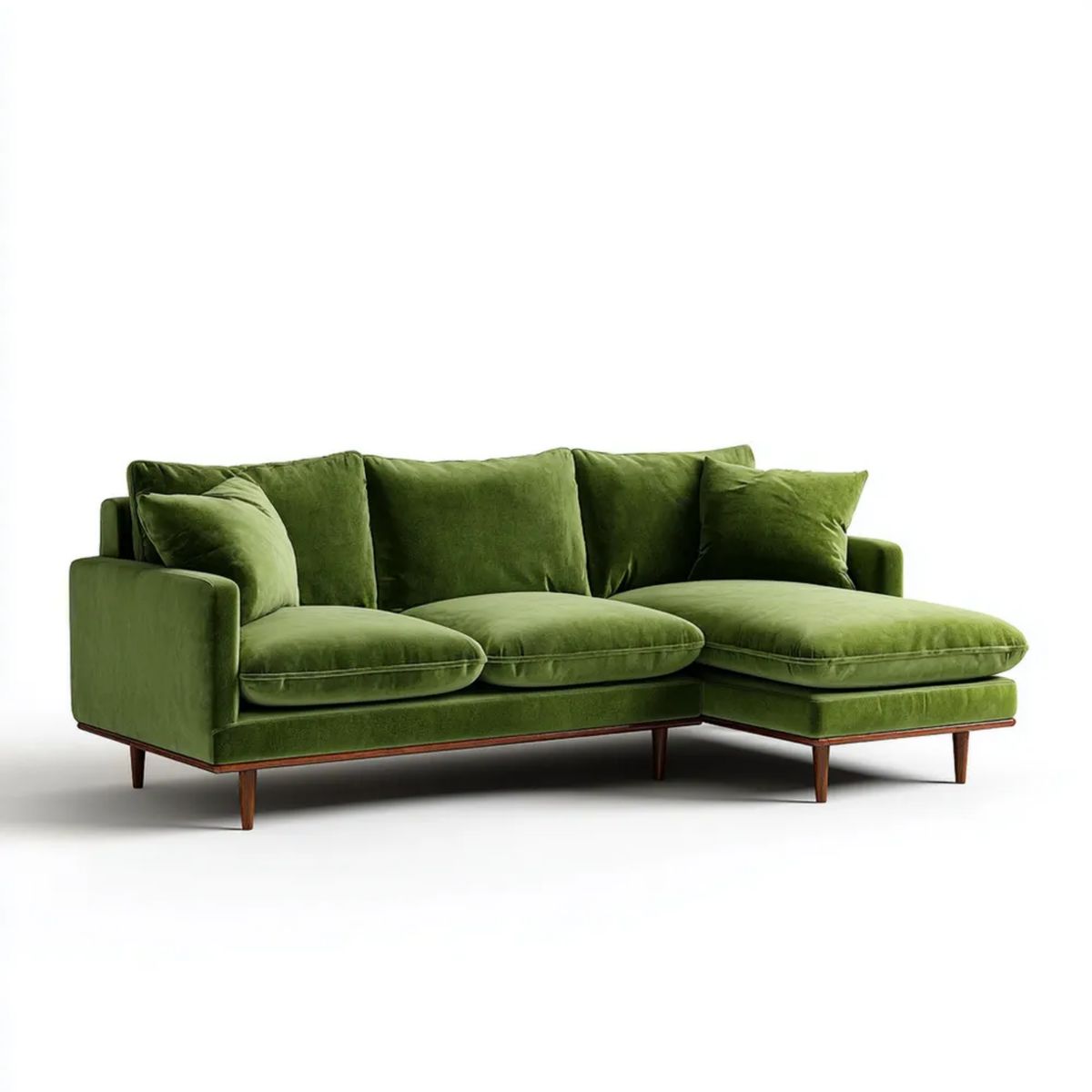Zielona oliwkowa sofa narożna z prawostronnym szezlongiem, tapicerowana poliestrem, 260 × 160 × 85 cm