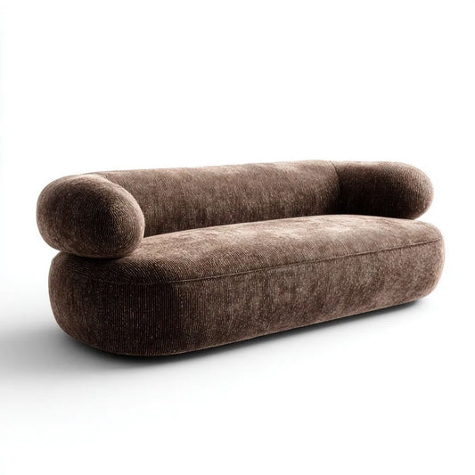 Trzyosobowa sofa brązowa z prążkowaną tapicerką poliestrową, 220 × 95 × 75 cm, zaokrąglona