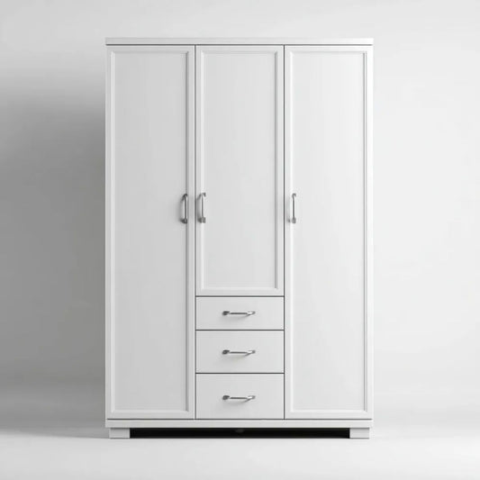 Biała szafa trzydrzwiowa z płyty laminowanej 150 x 52 x 200 cm z 3 szufladami