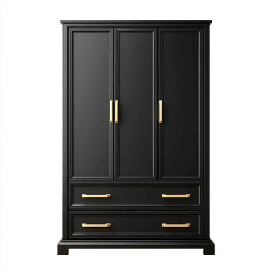 Czarna szafa trzydrzwiowa MDF z 2 szufladami, 150 × 60 × 200 cm