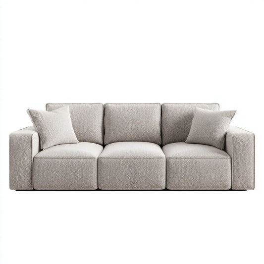 Trzyosobowa sofa beżowa z czarną podstawą i tapicerką poliestrową, 260 x 100 x 82 cm