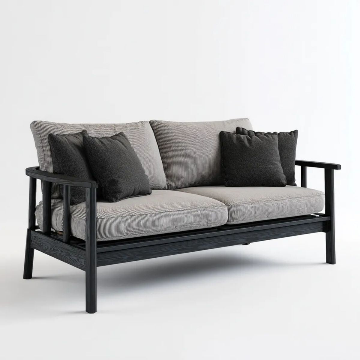 Dwuosobowa sofa z tkaniny na czarnej drewnianej ramie, szara, 160 × 75 × 78 cm