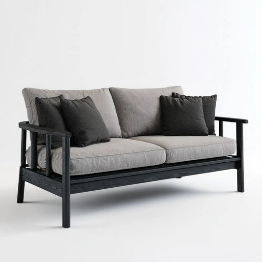 Dwuosobowa sofa z tkaniny na czarnej drewnianej ramie, szara, 160 × 75 × 78 cm