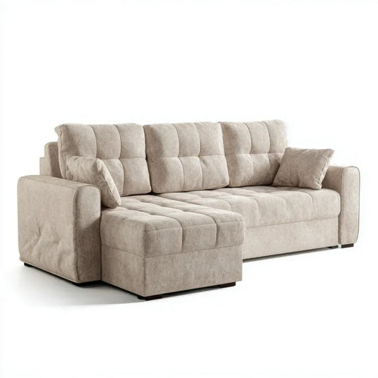Beżowa sofa trzyosobowa z pufą, tapicerowana poliestrem, 250 × 105 × 90 cm