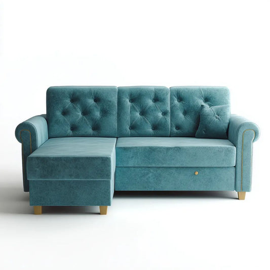 Rozkładana sofa trzyosobowa z lewostronną leżanką, turkusowa, poliester, 225 × 145 × 85 cm