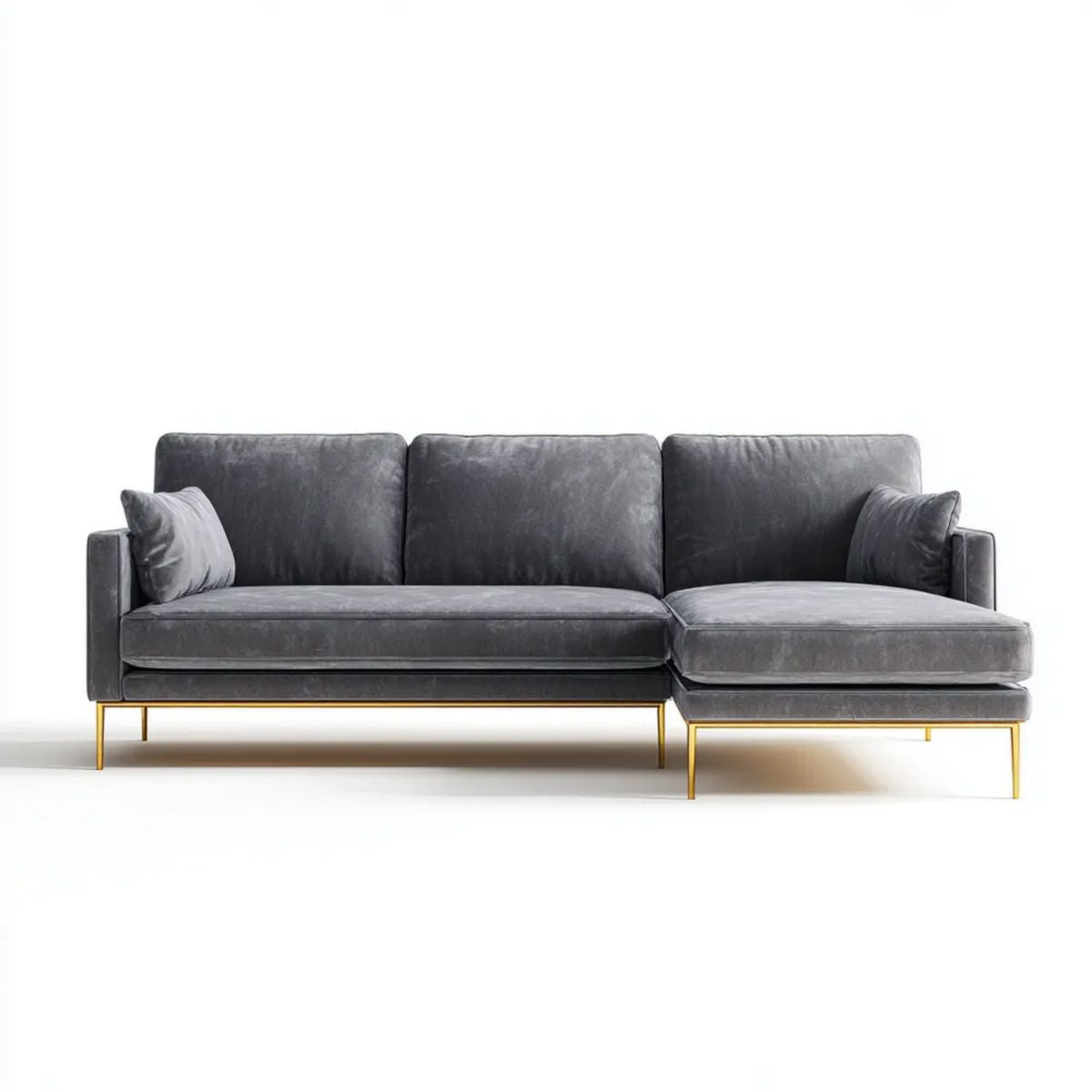 Szara sofa narożna z prawostronnym szezlongiem, tapicerka poliestrowa, 260 × 160 × 85 cm, kształt L