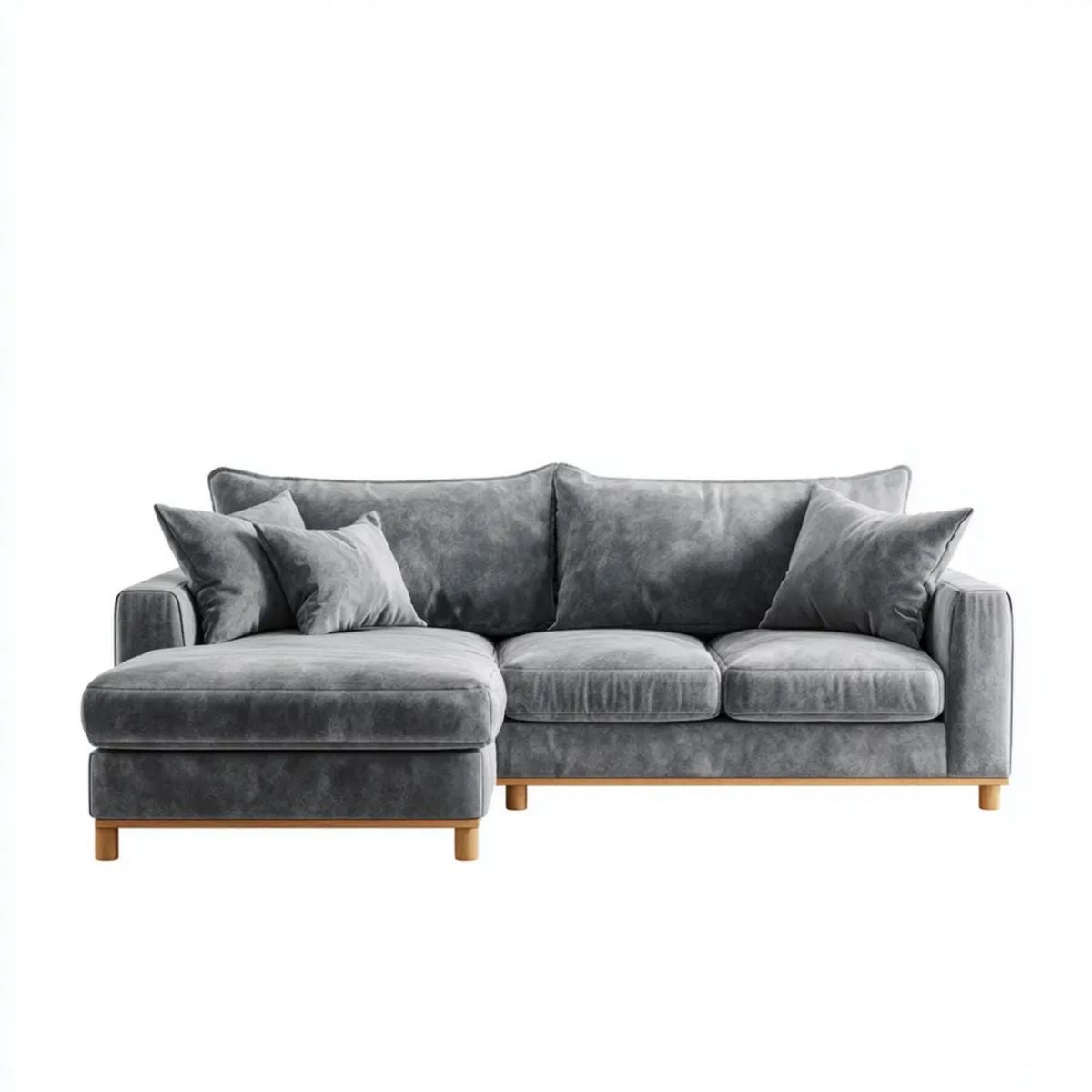 Szara welurowa sofa narożna w kształcie L z lewym szezlongiem, 250 × 160 × 85 cm