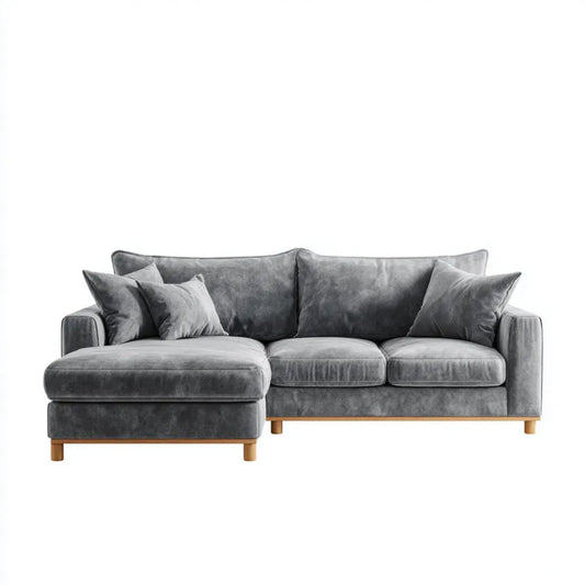 Szara welurowa sofa narożna w kształcie L z lewym szezlongiem, 250 × 160 × 85 cm