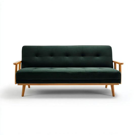 Trzyosobowa sofa aksamitna ciemnozielona z drewnianymi podłokietnikami, 190 x 80 x 85 cm
