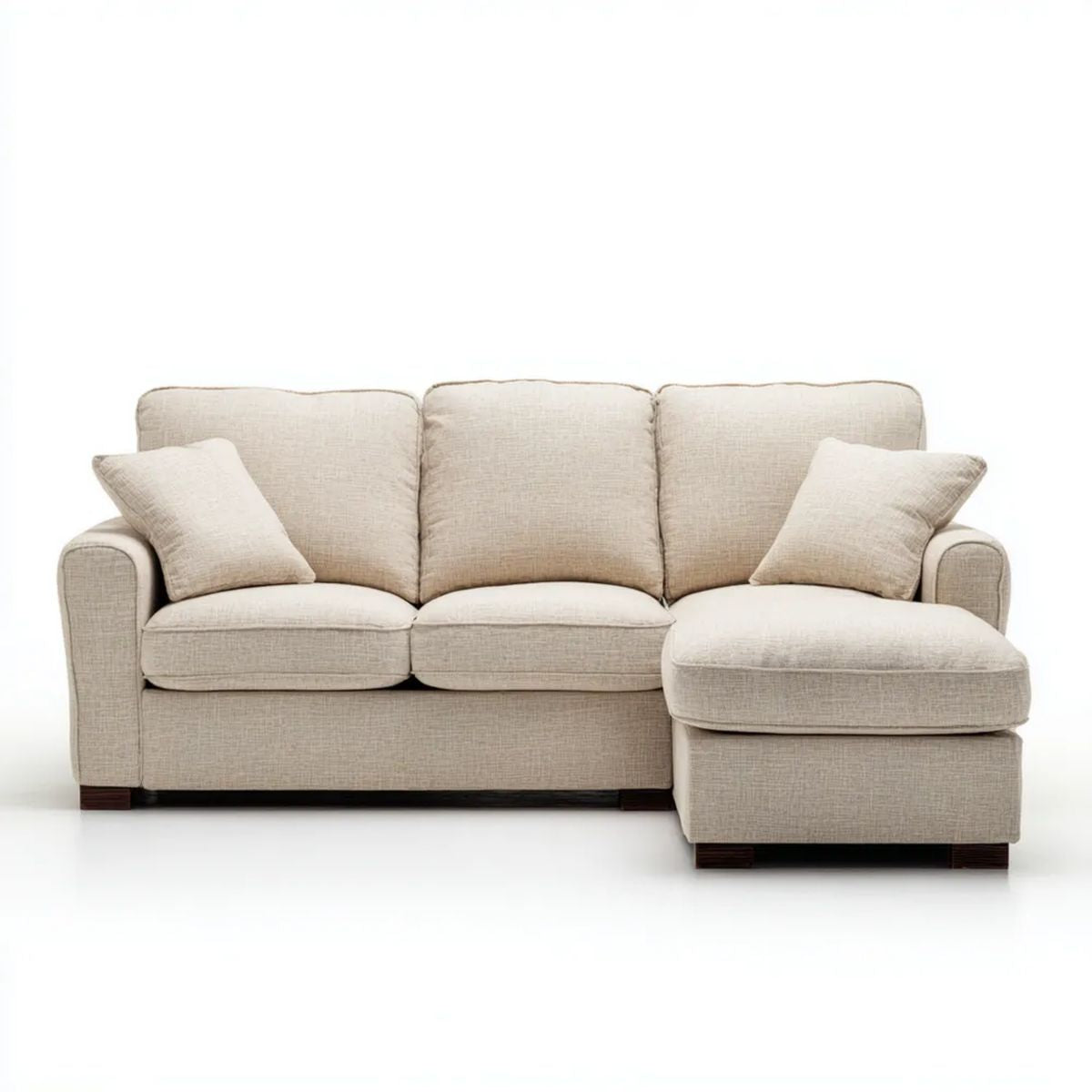 Beżowa sofa narożna z prawostronnym szezlongiem, tapicerowana poliestrem, 250 × 160 × 90 cm