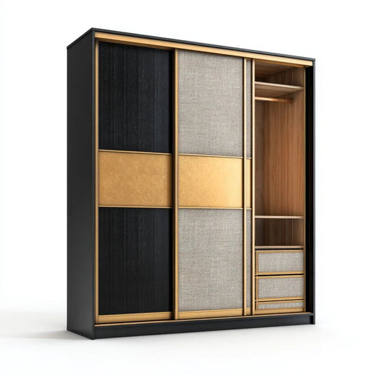 Szafa przesuwna czarno-orzechowa z płyty laminowanej 200 × 60 × 220 cm z półkami, drążkiem i 3 szufladami