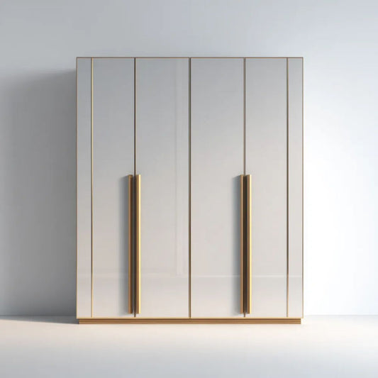 Szafa czterodrzwiowa z płyty laminowanej, biała ze złotymi detalami, 180 × 60 × 220 cm